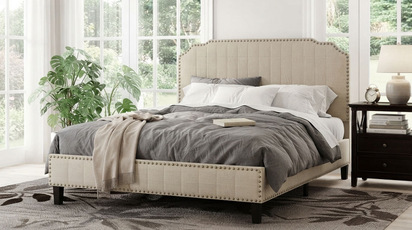 Linen Upholstered Platform Bed With Nailhead Trim Guide