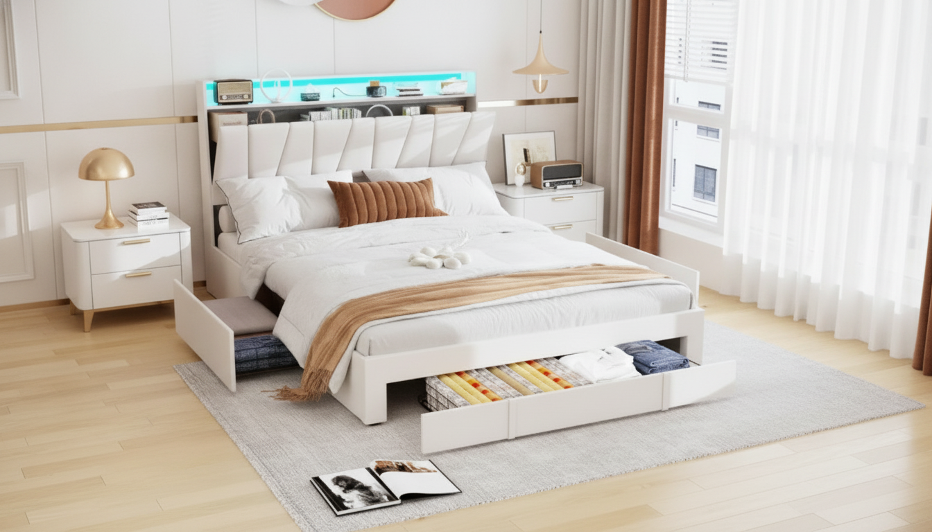 Cozy Upholstered Platform Bed with LEDs & Storage Drawers